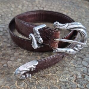 Brighton Croc Embossed Leather Belt with Ornate Silvertone Buckle & Hardware.